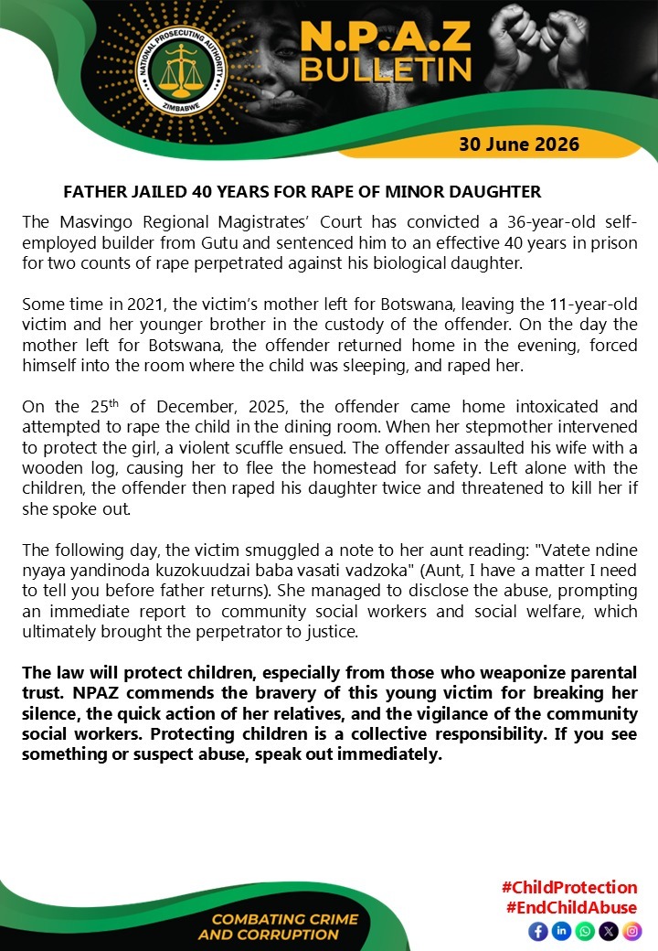 Father jailed 40 years for rape of minor daughter