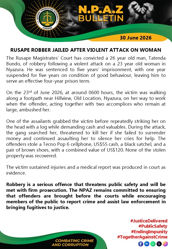 Rusape robber jailed after violent attack on woman