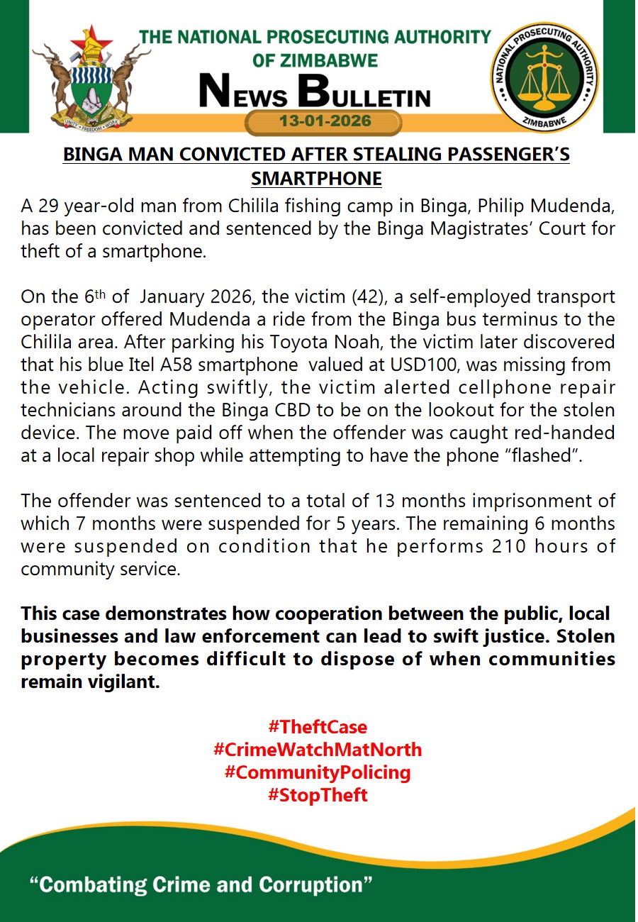 Binga man convicted after stealing passenger's smartphone