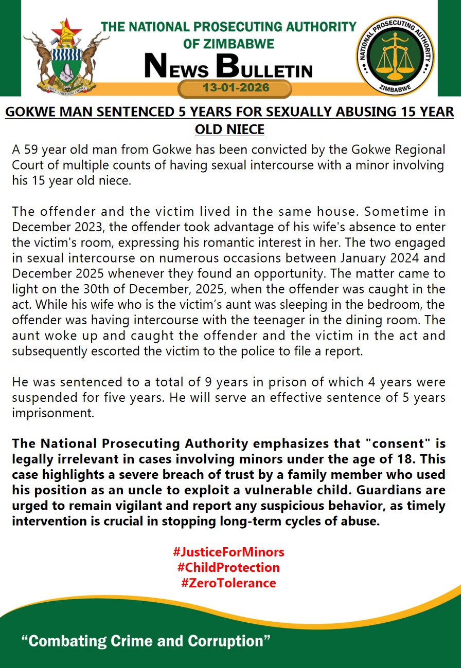 Gokwe man sentenced 5 years for sexually abusing 15 year old niece